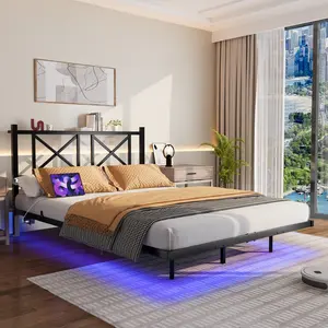 Full twin Size Platform Floating Bed Frame with Headboard, Under-Bed Storage, USB Charging Station, LED Lights, Heavy-Duty Steel Slats, Easy Assembly, Black philly furniture