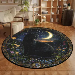 Cat & Moon Pattern Round Floor Mat, Non-slip Soft Floor Carpet, Decorative Area Rug for Home Living Room Bedroom, Vanity Decor Accessories