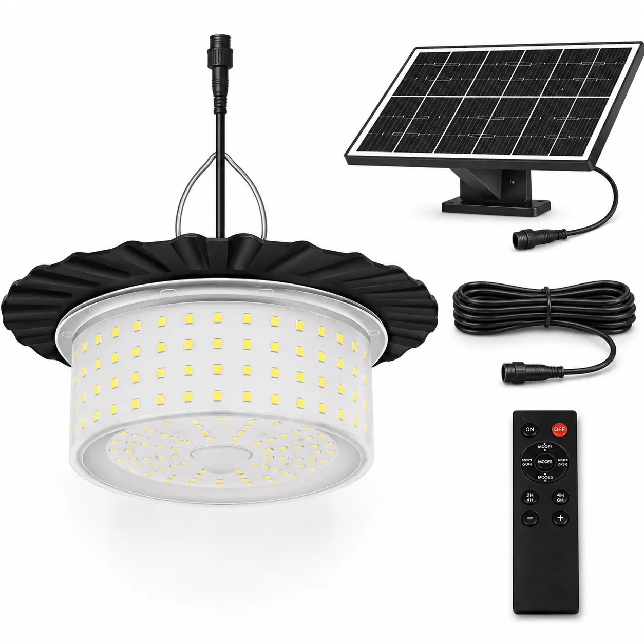 Outdoor solar pendant light with remote control and human motion sensor, IP65 waterproof for sheds/gazebos, 5 m connecting cable, supports timer and brightness adjustment