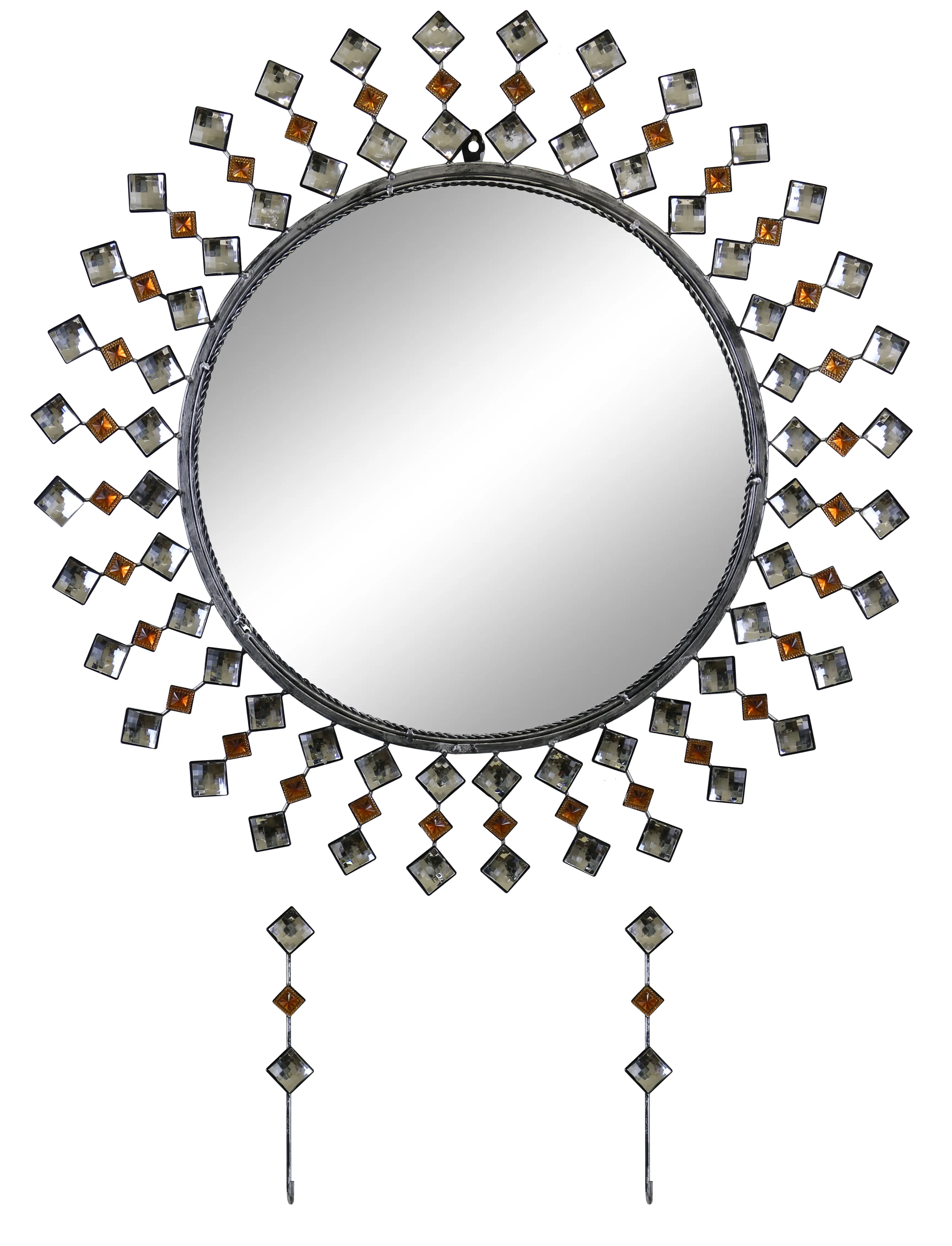 Round Oversized Wall Mount Mirror with Removable Keychain Holders in Black Starburst with Clear Acrylic Crystals
