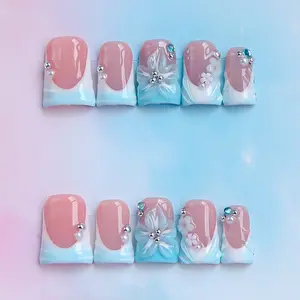 Y2K Style Duckbill Square Nail Tips, Handmade Colorful Gem Design, 4 Sizes XS S M L, Perfect Gift for Women, Includes Jelly Glue Crystal Stick File