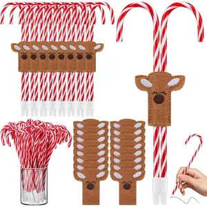 24 Set/72 Pcs Christmas Candy Cane Pen  Bulk 48 Candy Cane Point Pens with 24 Felt Xmas Holder Christmas Goodie Bag Stuffers  for Office Coworker(Reindeer)
