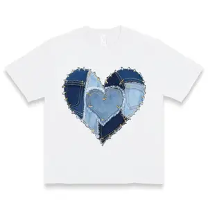 Women's Plus Size Casual T-Shirt with Heart-Shaped Denim Patch Design - Soft, Short Sleeve, Round Neck, Machine Washable, Perfect for Spring & Summer Outfits, Allseason Apparel |   Distressed Denim Look |   Ladies T Shirts