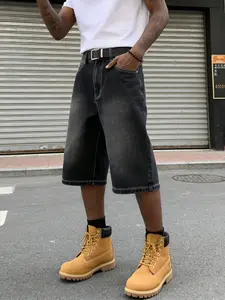 Men's Street Style Denim Shorts, Loose-Fitting Basic Workwear, Floral Embroidery Design, Comfortable Mid-Thigh Cut, Perfect for Casual Wear