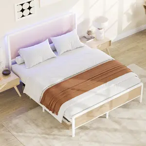 Garvee Full Size Rattan Platform Bed Frame with LED Light Headboard, Boho Cane Design, Sturdy Steel Slat Support, Heavy Duty, No Box Spring Needed, Quiet and Durable