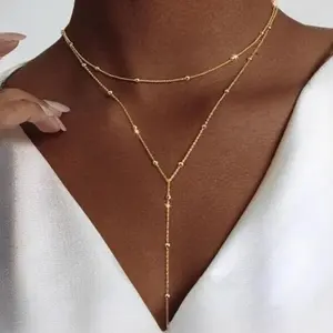 Lariat Gold Necklace for Women 14K Gold Plated, Y-Shaped Beaded Chain Drop Necklace, Dainty Long Adjustable Trendy Jewelry Gift for Her