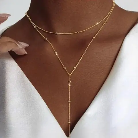 Women's 14K Gold Plated Y-Shaped Beaded Lariat Necklace - Adjustable Elegant Gold Tone Chain, Dainty Long Stacking Statement Jewelry, Sweet Shiny Daily Wear Gift for Her, Adjustable Elegant Chain