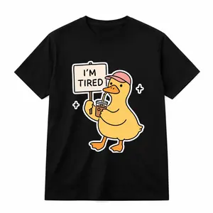 HAGBDH Women's Cotton Oversized Short-Sleeve Graphic Tee - Unisex Smooth Breathable Fabric, Funny Meme Tired Duck Coffee Cute Cartoon Print, Casual Streetwear Everyday Style Fit Gift Top