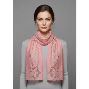 Summer Fashion Lightweight Floral Embroidered Burnout Scarf (White Pink)