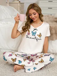 Cute Butterfly Print Women's Knit Pajama Set, Fashionable Comfort Short Sleeve & Long Pants, Casual Sleepwear for All Seasons