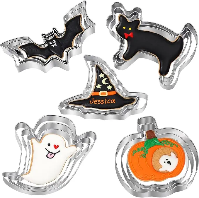 Halloween Cookie Cutters Set - 15 Pcs Stainless Steel Holiday Cookie Cutter with 5 Shapes - Pumpkin, Ghost, Bat, Cat and Witch's Hat Cookie Molds for Halloween Food Party Decorations