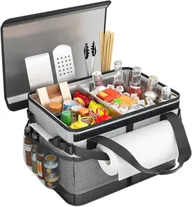 HULISEN Large Grill Caddy with Lid and Paper Towel Holder, BBQ Caddy for Outdoor Grill, Insulated Foldable Barbecue Picnic Caddy for Plates, Utensils, Camping Supplies, Travel or RV, Camper Must Haves