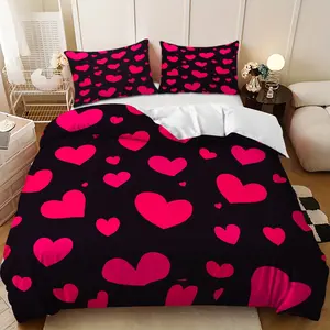 Valentine's Day Bedding 3-Piece Set, Decorative Bedding Set, Pink and Black Full Heart Design Down Comforter Set (1 comforter cover + 2 pillowcases, without filling) Gift, soft and comfortable, suitable for bedrooms and guest rooms