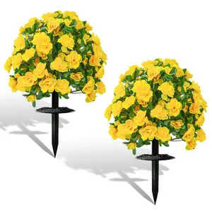 Artificial Mums For Outdoors,Faux Outdoor Plants Fake Plants Topiary Balls Artificial Outdoor Set Of 2 With Ground Spike For Home Front Porch Patio Garden Decor Home Party（yellow）
