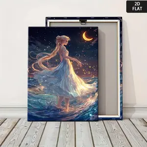 2D Flat, Hand-Painted-Style 2D Wooden Frame Painting - Blonde Mermaid Woman in White Dress on Water, Starry Night & Moonlight Wall Art, izable Tale Poster for Home, Office, Hotel Decor - Wrap-Around Canvas Frame (Princess Theme	