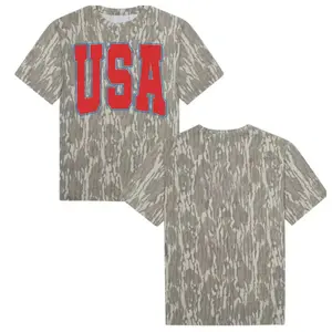 USA Mossy Oak Camouflage Tee – Vintage Red White Blue "USA" Graphic on Bottomland Camo T-Shirt, 3D Hunting Style Shirt, Gift For Men