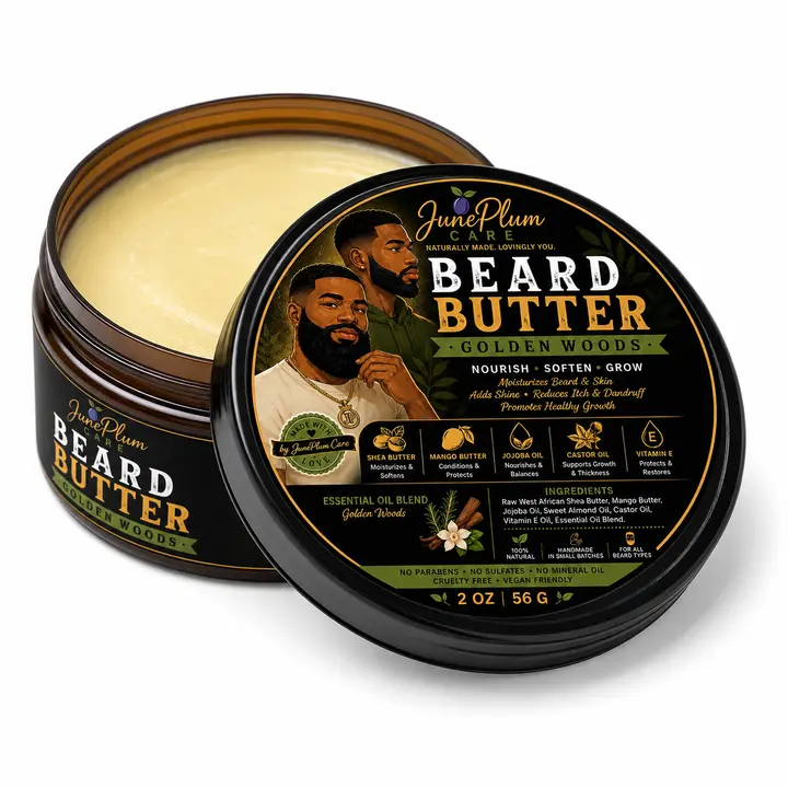 Juneplum Care Golden Woods Aroma Blend Beard Butter - 2oz Male Beard Softener & Conditioner with Shea Butter, Scent-Infused Men's Grooming Product
