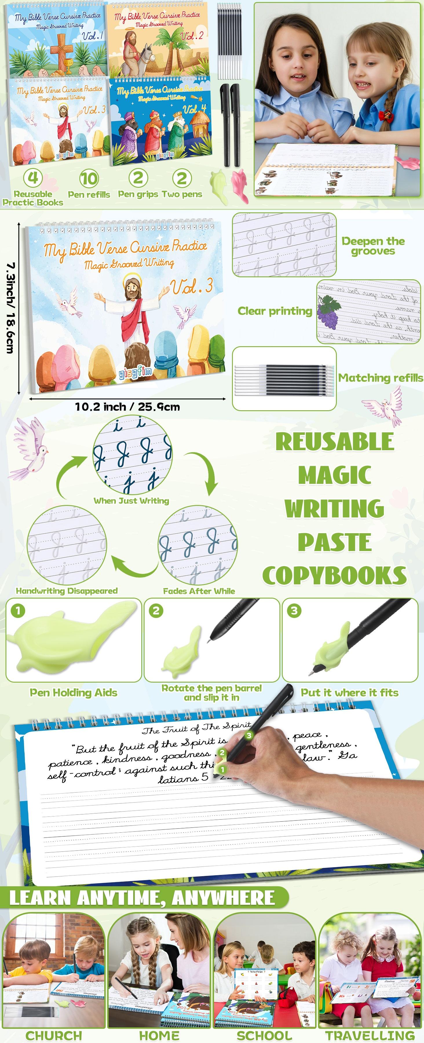 GISGFIM Bible Magic Grooved Writing Practice Educational Books for Kids Reusable Grooved Handwriting Workbooks for Kids Ages 3-8 Tracing Early Childhood Education Bible Magic Copybooks for Christian Sunday School Prizes（Cursive）