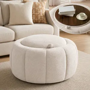 Tbfit Round Storage Ottoman – Chenille Fabric, No Assembly Hidden Storage Seat & Footrest, Multi-Functional Stool, White