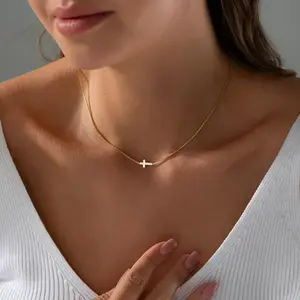 Elegant Silver Plated Dainty Small Cross Pendant Choker Necklace Simple Trendy Cute Charm Chain for Women Religious Faith Jewelry Gift Easter Basket Stuffers 15 Inches Chain Length 20mm Cross Pendant