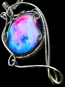 Pink Blue Glass Cosmos Galaxy Nebula Interstellar Space Universe Night Sky Star Silver Wire Wrapped Fantasy Pendant Necklace Amulet
