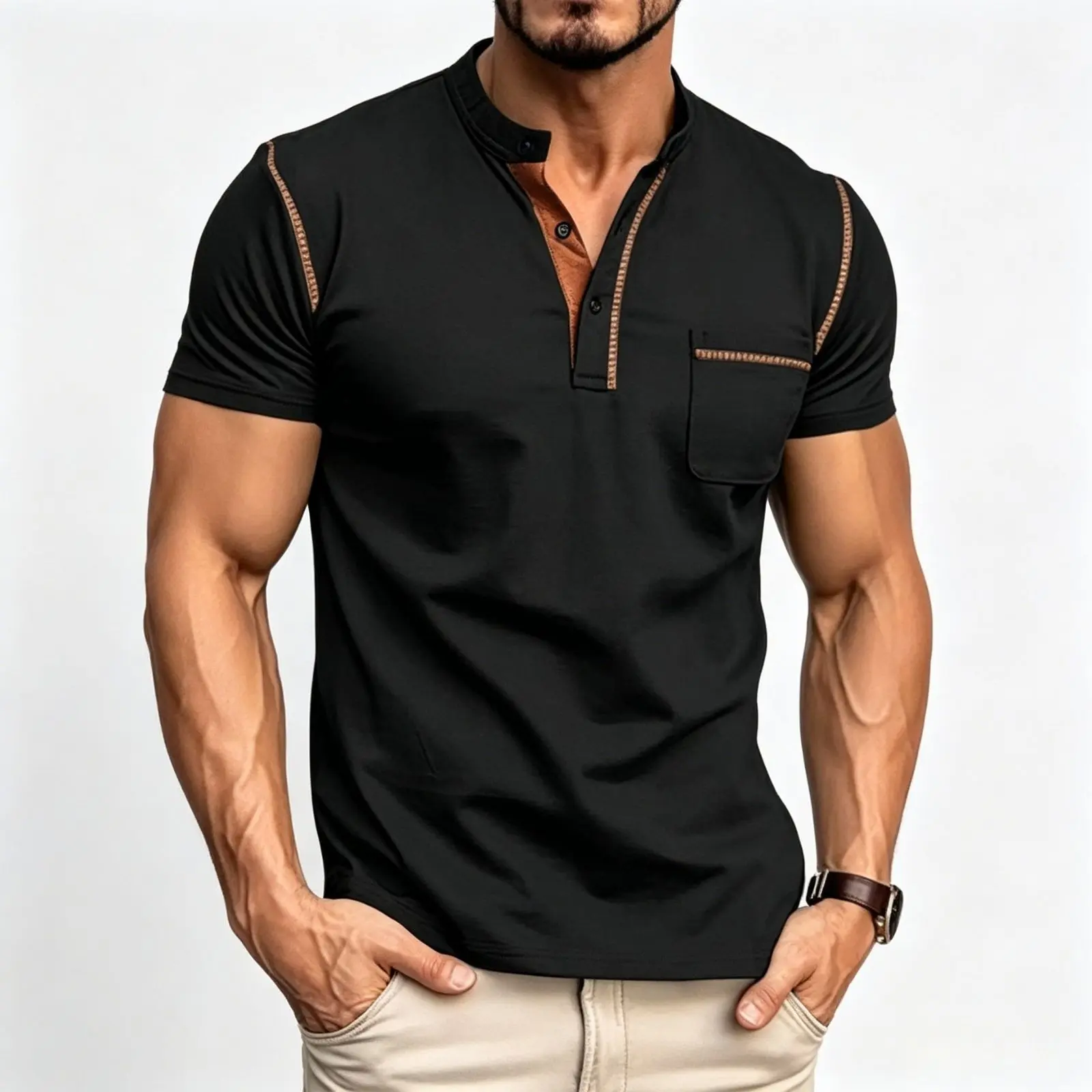 Men's Retro Slim-Fit Colorblock Polyester Short-Sleeve Collared Neck Henley T-Shirt - Button Front, Stand Collar, Stitched Pocket, Hangable Menswear Casual Top