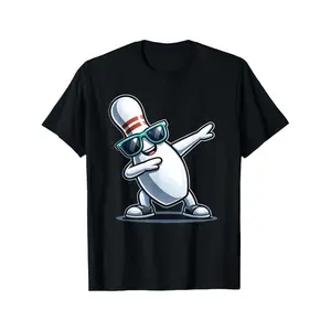 Black Bowling Pin Dabbing Glasses Print Casual T shirt for Adults Made of Cotton with Loose Fit Short Sleeves