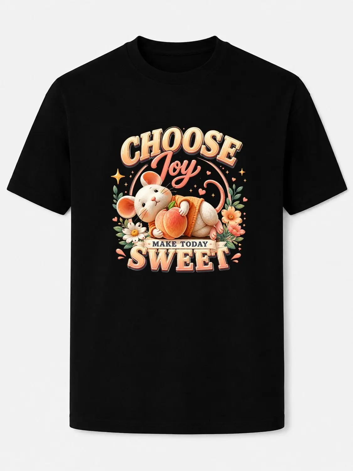 Peach Flower Mouse Graphic Black T-Shirt, Choose Joy Make Today Sweet Warm Orange Positive Quote Crew Neck Tee, Soft Loose Men's 100% Cotton Casual Short Sleeve Top