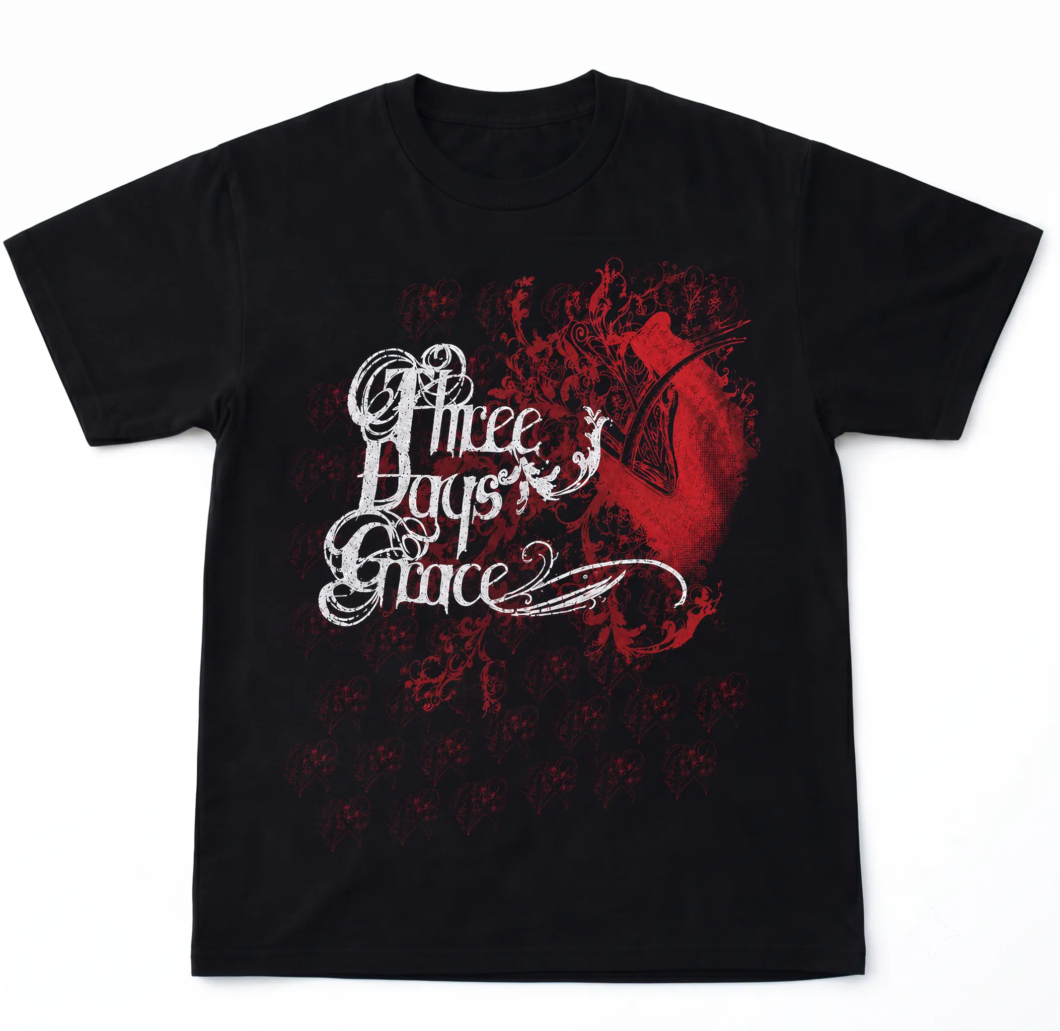 Vintage Gothic Script Graphic T-Shirt, Dark Floral Artwork Tee, Retro Ornamental Design Shirt, Black Red Alternative Style Top, Unisex Streetwear Graphic Tee