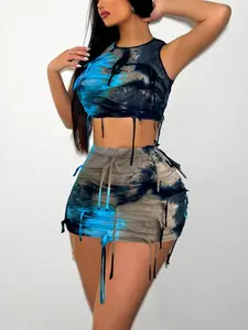 Street Style Aesthetic Tie-Dye Fringe Two-Piece Set, Blue- Gradient Tie-Dye, Short Waist-High Skirt, Fitted Crop Top, Nightclub Music Festival Outfit Womenswear