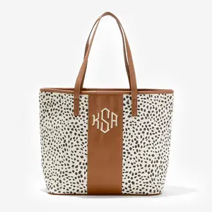 ML MARLEYLILLY Monogrammed Leopard Tote Bag - Vegan & Durable Cotton Canvas with Faux Leather Trim & Magnetic Closure - 18x12x5 Inches