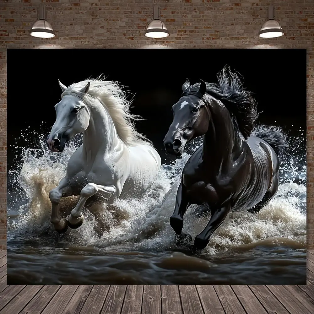 1pc Polyester 2D Flat Artistic Black and White Horse Print Backdrop Flat Banner - No Electricity Required, Easy Setup, Ideal for Photo Booths, Party Decor