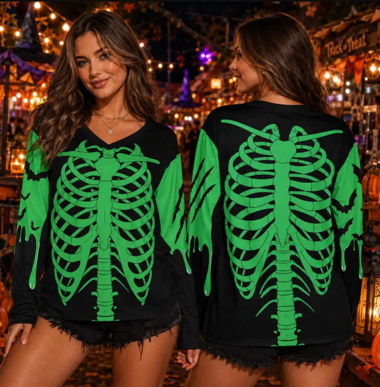Skeleton Halloween Hockey Jersey, Green Glow Bones Long Sleeve Shirt, Spooky Rib Cage Costume Jersey for Kids Youth Adult Party Gift
