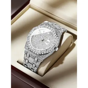 Dayand Night Men's Luxury Moissanite Quartz Watch, 42mm Round Full Diamond Dial, 30m Fashionable Waterproof Watch, Versatile Business Casual Accessory, Ideal for Daily/Business Wear, Valentine's Day/Anniversary Gift