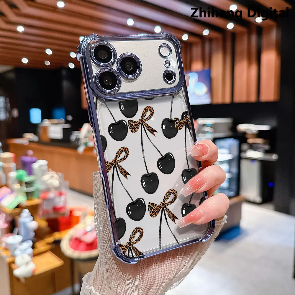 Black Cherry leopard print bow pattern four-corner shockproof transparent electroplated protective phone case for iPhone 17 Pro Max Air 16 Plus 15 14 13 12 11 Simple and stylish Durable Cases