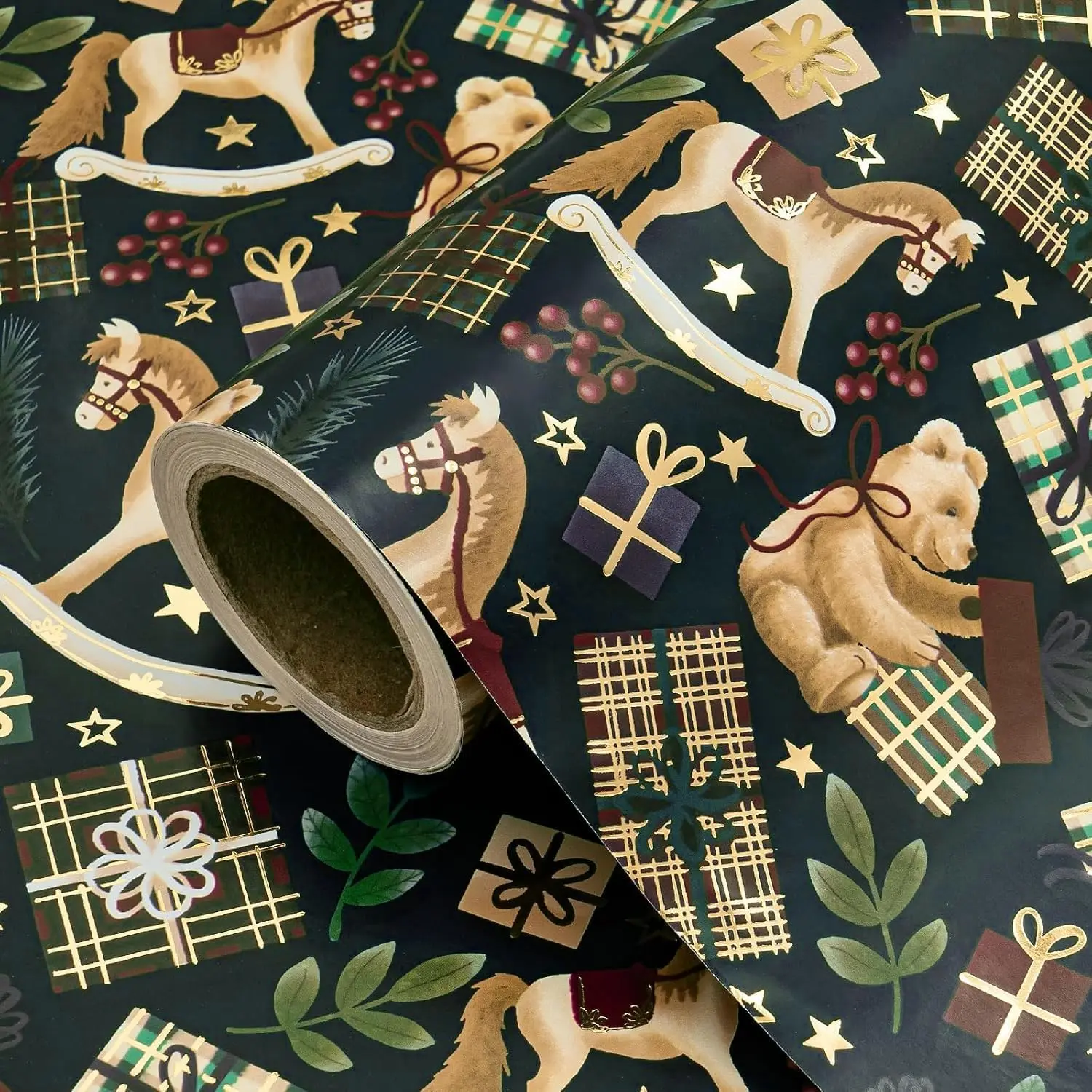 【Buy 2 Get 4 Free】WRAPAHOLIC Vintage Christmas Wrapping Paper Roll, 17 in x 16.5 ft Mini Roll, Rocking Horse, Teddy Bear, Christmas Tree, Nutcracker & Plaid Designs for Family Gifts, Kids Presents, Christmas Parties & Holiday Gift Wrapping