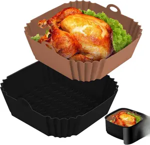 2 PCS Square Silicone Air Fryer Liners - 8 Inch Reusable Air Fryer Pot - Air Fryer Accessories - Air Fryer Inserts for 4 to 7 QT Oven Microwave Accessories (Black + Brown)