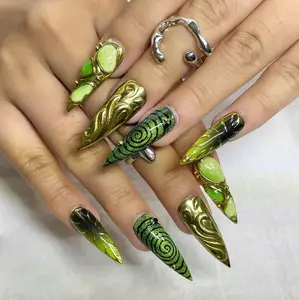 Green Gold Press on Nails, 3D Textured Luxury Nails, Abstract Emerald Nail Art, Unique Stiletto False Nails, Statement Manicure Set