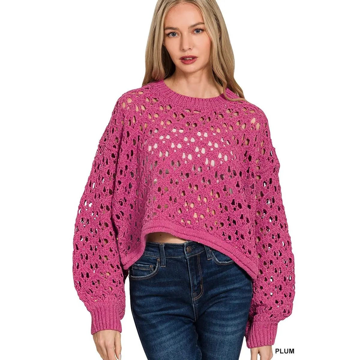 Zenana Oversized Cropped Crochet Knit Sweater