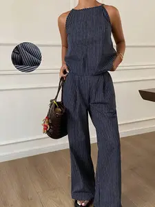 Women's Striped Print Tank Top & Wide Leg Pants, Elegant Fashion Casual Two-piece Set for Daily Outdoor Wear, Women's Clothing for Summer