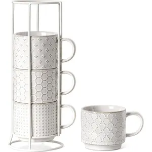Stackab Coffee Mugs Set with Stand, Ceramic Espresso Cups for Au Lait, Cappuccino,Latte,Cafe,Mocha,, Suit For Housewarming Wedding- 8 oz, Set of 4,Arctic white