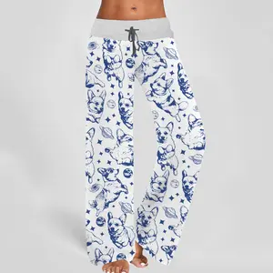 Corgi In Space Contrast Wide Leg Pants For Women - SHESHOW