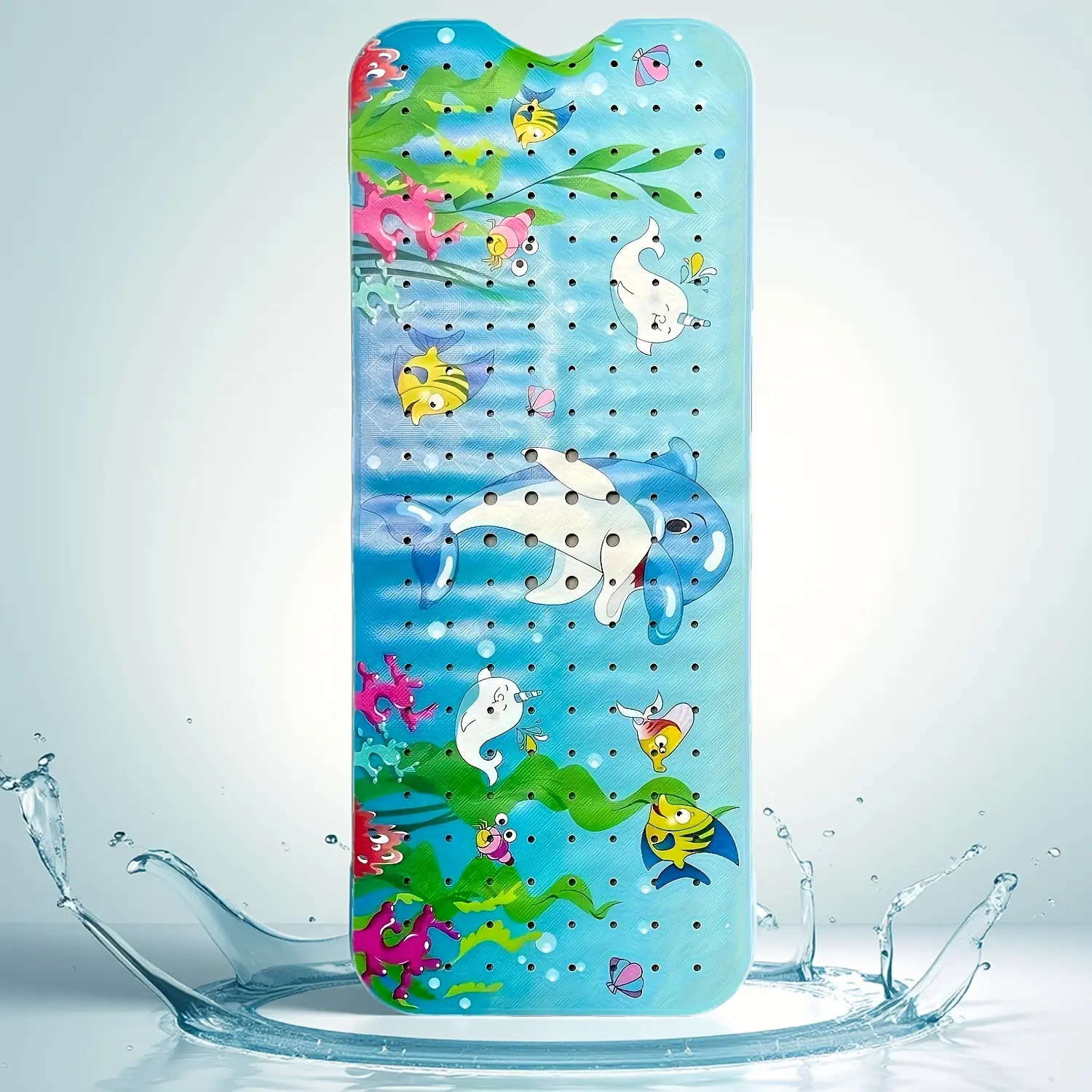 1pc Dolphin Print Non-Slip Bath Mat, Extra Long Bathtub Mat 16x40inch with Secure Suction Cups & Drain Holes, Easy Clean PVC Shower Mat, Machine Washable, Bath Mats For Bathroom Non Slip, Bathroom Accessory