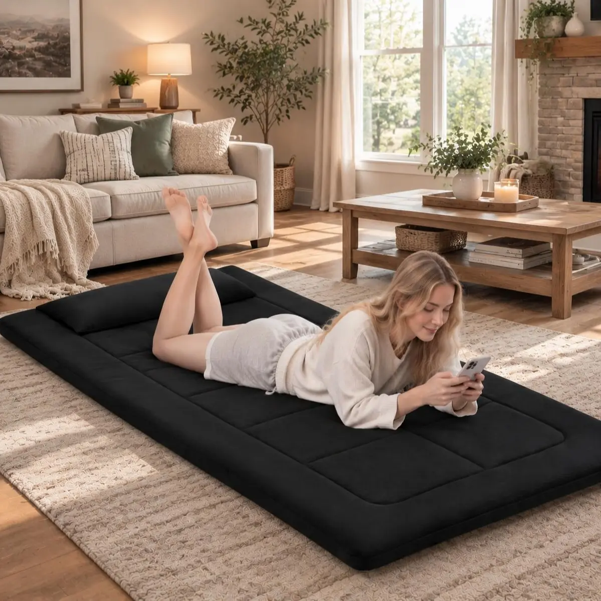 XXL Foldable Anti-Slip Floor Mattress - 80"x36" Heavy-Duty Fabric Camping Cot Sleeping Pad, Japanese Tatami Futon with Antislip Footing for Tent, Indoor Guest Use, Heavyduty Fabric