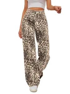 Women's High-Waisted Vintage Denim Jeans, Wide-Leg Leopard Print, Loose Fit with Pockets, Casual Street Style, All Seasons