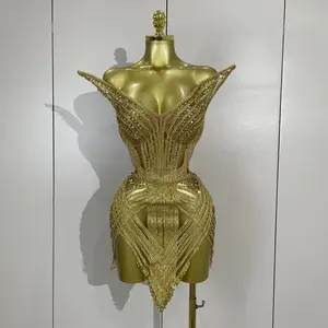 Women Sparkle Gold Diamonds Sequins Mesh See Through Mini Dress Luxury Birthday Party Gown Sexy Nightclub Singer Stage Costume