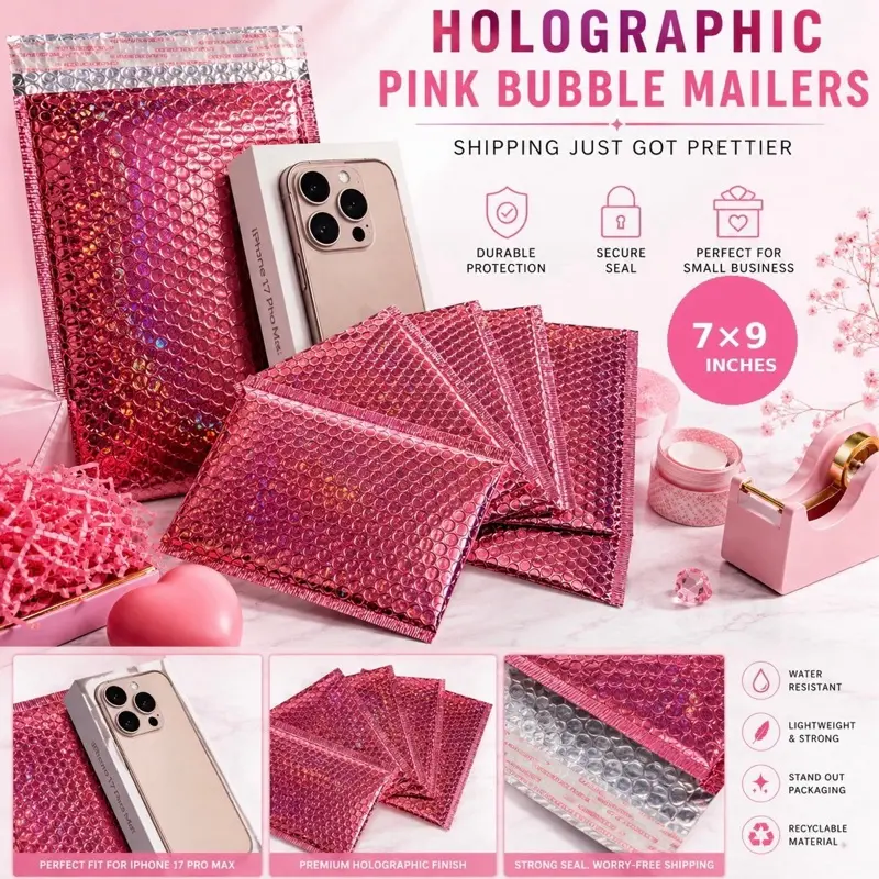25/50 Pieces Holographic Metallic Bubble Mailers Pink, 9 x 7 Inch Self-adhesive Padded Mailing Envelopes, Rose Red Cushion Envelopes for Mailing, Shipping, Packing, Rose Red