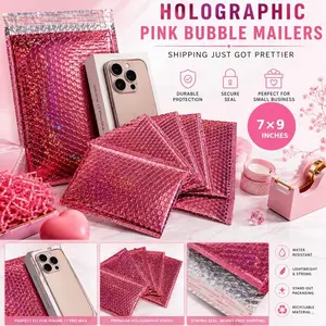 25/50 Pieces Holographic Metallic Bubble Mailers Pink, 9 x 7 Inch Self-adhesive Padded Mailing Envelopes, Rose Red Cushion Envelopes for Mailing, Shipping, Packing, Rose Red