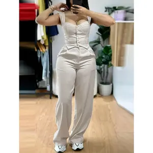 Apricot Camisole Short Skinny Vest Set High Waisted Wide Leg Pants