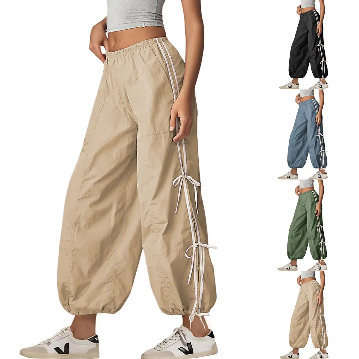 Molitree Women's Parachute Pants Elastic High Waist Full Twist Hiking Cargo Pants Trousers Womenswear Bottom Minimalist Basic Blue Fitted